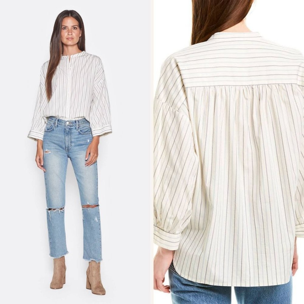 Joie Yoella Striped Button Up Top Blouse Band Collar Puff Balloon Sleeve sz Sm - Picture 7 of 7